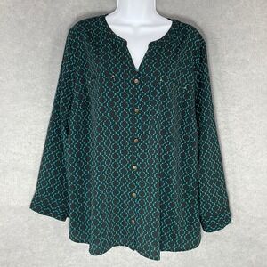 Catherines Petite Blouse‎ Sz 1X Teal Black Geometric Button Up Long Sleeve